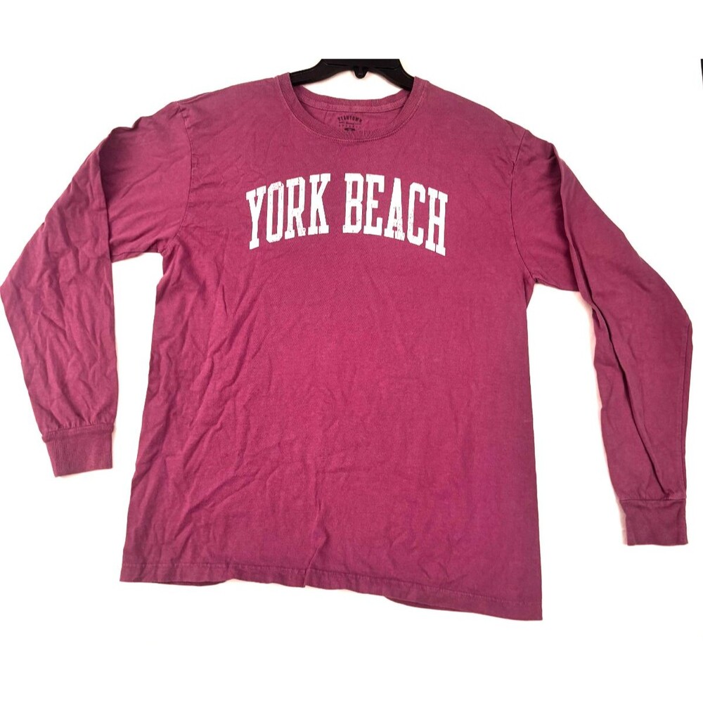 York Beach Men’s Medium Maroon Long-Sleeve T-Shirt Coastal Maine Souvenir Top
